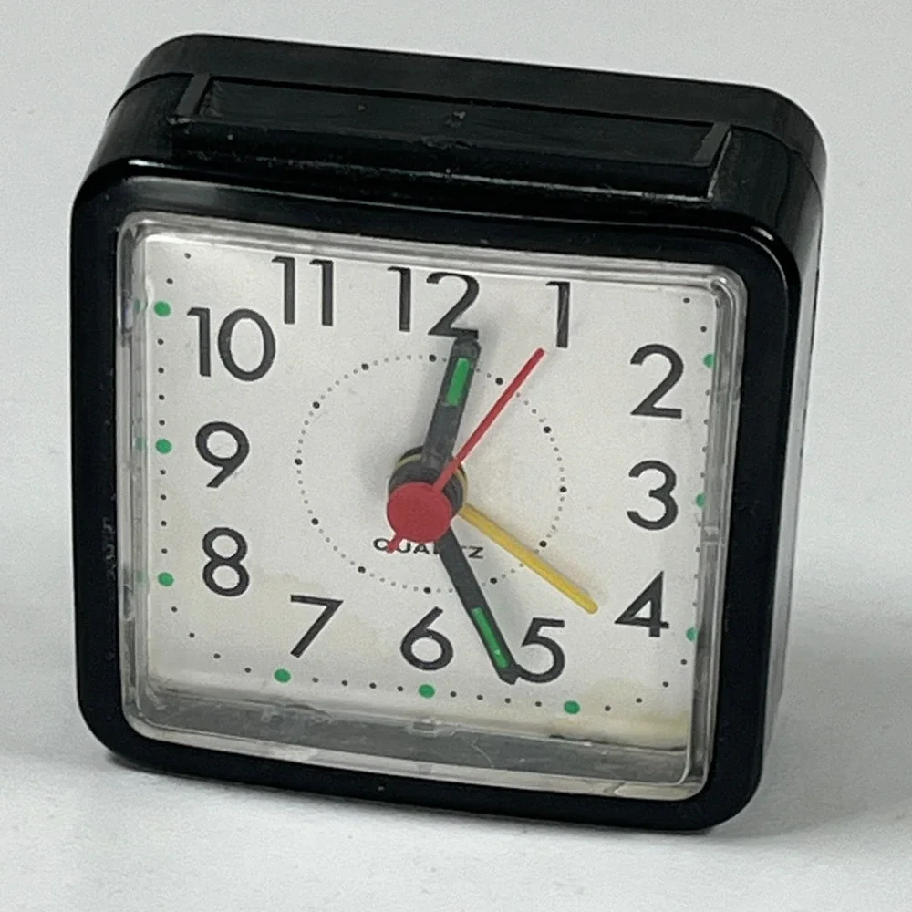 Vintage Style Mini Square Quartz Alarm Clock Black Battery Operated Travel Desk